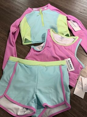 Old Navy Girls Pastel Colorblock Swim Set - Pink, Aqua & Lime